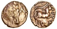 Celtic, Catuvellauni and Trinovantes, Cunobelin, Gold Quarter Stater, 1.35g, plastic type, corn ear, dividing ca-m, rev. horse right, branch with three pellets above, cvn below (Mack 204; BMC 1846-48;