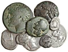 Magna Graecia, miscellaneous (9), comprising AR Staters of Tarentum (Vlasto 836), Neapolis, and Kaulonia, a fraction of Terina, Thurium, Diobols (2), together with bronzes of Hieron II and Hieronymos 