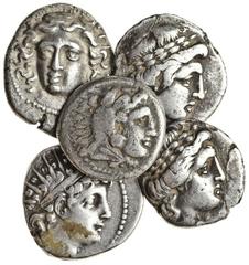 Ancient Greek coins (5), comprising, Larissa (c.380-365 BC), Drachm, 5.84g, facing head of nymph Larissa, rev. horse grazing right, Thessalian League (mid-late 2nd cent. BC), Drachm (2), laureate head