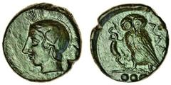 Sicily, Kamarina (c.410-405 BC), Æ Tetras, 3.06g, helmeted head of Athena left, rev. kama, owl standing left, holding lizard in right talon, three pellets in exergue (SNG ANS 1230), tooled, dark green