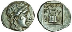 Lycia, Kyaneai (c.167-81 BC), AR Drachm, 3.00g, laureate head of Apollo right, rev. ykin, k-y, lyre, headdress of Isis on left, all in shallow incuse square (Troxell, NNM 162, 26; BMC 1-2 var.), extre