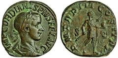 Gordian III (238-44), Sestertius, 241-3, laureate, draped and cuirassed bust right, rev. pm trp iii cos ii pp s-c, rev. Gordian in military dress advancing right, holding spear and globe (RIC 305; C.2