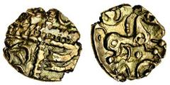 Iceni, uninscribed coinage, gold Quarter Stater, 1.09g, wreath over cruciform pattern, rev. horse right, ring pellet above and below (Mack -; BMC 3422-34, Rudd ABC 1462; S.429), nearly very fine . Sub