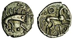 Iceni, uninscribed coinage, silver Unit, 0.91g, boar right pellets above and below, rev. horse right, four spoked wheel above, hook shaped ornament below (Mack 409; BMC.3473-3511; Rudd ABC 1582; S.431