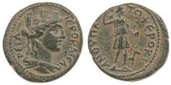 Lydia, Hierocaesarea (2nd cent. A.D.), AE 25 mm, head of city-goddess right, rev. Artemis (cp. BMC 19); with Tripoli (2nd cent. A.D.), AE 16 mm, head of Herakles left, rev. Nike (BMC 38), good very fi