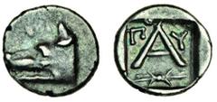 Ancient Coins Argolis, Argos (c.270-250 BC), AR Obol, 0.77g, wolf's head left, above, rev. large a, -y either side, thunderbolt below, all in shallow incuse square (BCD 1116; BMC 95), toned, very fine