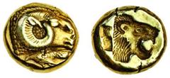 Ancient Coins Lesbos, Mytilene (c.521-478 BC), Electrum Hekte, 2.54g, ram's head right, cock pecking at ground below, rev. lion's head right incuse (Bodenstedt 16), about extremely fine.