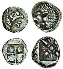 Ancient Coins Ionia, Teos (late 6th cent BC), AR Tetartemorion, 0.18g, griffin's head right, rev. quartered incuse square (Balcer, SNR 48, 33), good very fine, Miletos, Twelfth-Stater, 1.04g, forepart