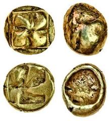 Ancient Coins Ionia, Uncertain mint (2) (c.650-600 BC), Electrum twenty fourth Stater, 0.54g, raised square of "swastika" pattern, rev. square incuse punch (cf Rosen 319), good very fine, Electrum twe