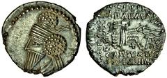 Ancient Coins Kingdom of Syria, Osroes I (AD c.108/9-128/8), AR Drachm, 3.52g, Ekbatana, bust left, with hair in bunches at top and side, rev Arsaces seated right, inscription around (Sellwood 80.1; S