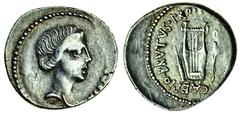 Ancient Coins Q. Caepio Brutus, AR Denarius, 3.68g, Lycia, 43-42 BC, head of Libertas right, rev. lyre between quiver and filleted laurel-branch (RRC 501/1; Junia 34; Sear, Imperators, 199), reverse a