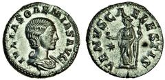 Ancient Coins Julia Soaemias, mother of Elagabalus, AR Denarius, 220-222, draped bust right, rev. venvs caelestis, Venus standing half left, holding apple and sceptre, star on left (RIC 241; RSC 8a), 