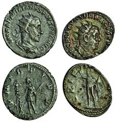 Ancient Coins Aemilian (July-Oct. AD 253), AR Antoninianus, radiate, draped and cuirassed bust right, rev. pm trp i pp, Aemilian standing left, sacrificing over altar and holding spear, standard on le