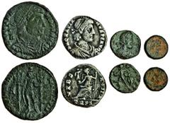 Ancient Coins Vetranio (AD 350), AE Centenionalis, Siscia, pearl-diademed, draped and cuirassed bust right, a behind, rev. Vetranio standing to left, holding standard in each hand, good fine, Gratian 