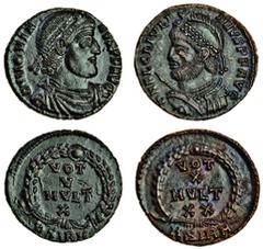 Ancient Coins Julian II (360-63), AE 3, Sirmium, cuirassed bust left, wearing pearl-diademed helmet and holding spear and shield, rev. vot/x/mvlt/xx in wreath, asirm in ex. (RIC 108), Jovian (363-64),