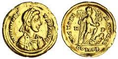 Ancient Coins (x) Honorius (393-423), AV Solidus 4.28g, Milan, diademed bust right, rev. victori-a avggg, Honorius standing right holding standard, foot on captive, m d in field, in ex. comob (RIC 35c