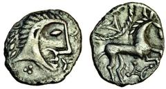 British Coins Iceni (mid to late 1st century BC), silver Unit, 1.06g, head right, rev. horse right, wheel-like symbol above, tricorn below (BMC 3605-3759; Mack 413d; Rudd ABC 1567; S.434), good detail