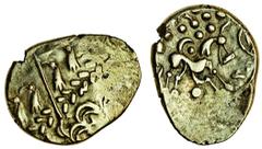 Celtic Coins (x) Celtic, Early Uninscribed coinage (mid to late 1st century BC), gold Stater, 6.24g, British series G, Clacton type 2, devolved Apollo head right, rev. disjointed horse right with pe