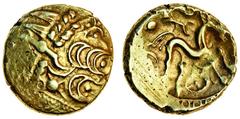 Celtic Coins (x) Celtic, Early Uninscribed coinage (mid to late 1st century BC), gold Stater, 5.99g, British Qa, 'Remic' type, devolved head of Apollo right, rev. triple tailed horse right, wheel belo