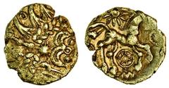 Celtic Coins (x) Celtic, East Wiltshire (c. 55-45 BC), gold Quarter-Stater, 1.34g, wreath motif with hidden face, sunburst at end of hairbar, rev. horse right, floral sun above, seven-spoked wheel and