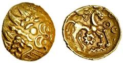 Celtic Coins Celtic, Early Uninscribed Coinage (mid to late 1st century BC), gold Quarter-Stater, 1.34g, British 'Remic' type, devolved head or wreath pattern, rev. triple tailed horse right, mane cur
