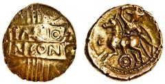 Celtic Coins Celtic, Catuvellauni, Tasciovanus (late 1st century BC - early 1st century AD), gold Stater, 5.45g, tascio ricon in panel, rev. horseman right, wearing armour, holding sword and shield (M