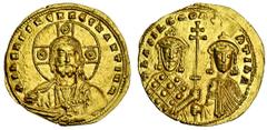 Ancient Coins-Byzantine Basil II, Bulgaroktonos (AD 976-1025), with Constantine VIII, AV Solidus, 4.39g, Constantinople, facing nimbate bust of Christ, raising right hand in benediction and holding bo