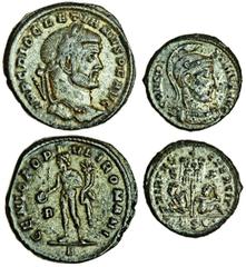 Ancient Coins-Roman Bronze Diocletian (AD 284-305), AE Follis, Heraclea, laureate head right, rev. GENIO POPVLI ROMANI, Genius standing left, and a Follis of Constantine I (307-337), Thessalonica, hel