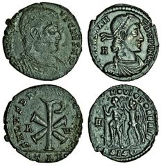 Ancient Coins-Roman Bronze Decentius, Caesar (AD 350-353), AE Centenionalis, Arles, bare-headed, cuirassed bust right, rev. Chi-Rho symbol flanked by alpha and omega, TAR in ex. (RIC 189), together wi