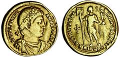 Ancient Coins-Roman Gold Valentinian I (364-75), Solidus, 4.09g, Antioch, diademed bust right, rev. restitvtor reipvblicae, Valentinian standing facing, holding labarum and Victory, anti in ex. (RIC 1