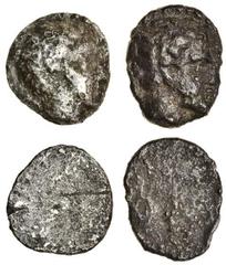 Ancient Coins Cyprus, Salamis (late 5th cent. BC), AR Obol, 0.69g, young male head right, rev. blank (BMC 45), pitting, good fine, and another, 0.79g, similar, deposit, good fine (2).