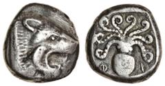 Ancient Coins Cyprus, uncertain mint (early 5th cent. BC), AR Stater, 10.84g, lion's head right, rev. octopus, Cypriot letters resembling - I in lower field, within shallow incuse square ( Num. Chron.