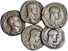 Ancient Coins 3rd Century Sestertii of Severus Alexander (AD 222-235), (3), AD 230, laureate head right, rev. Sol standing left, holding whip, his right hand raised, another, 233, similar types, but b