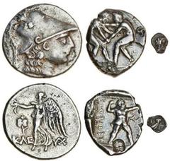 Ancient Coins Pamphylia, Aspendos (c.420-370 BC), AR Stater, 10.84g, two wrestlers grappling, rev. slinger loosing off shot right, triskeles on right (SNG France 49ff), countermarked on obverse with a