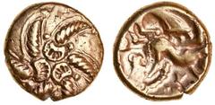 Celtic Coins Celtic, Catuvellauni, Addedomaros (late first century BC), gold Stater, 5.44g, Spiral type, spiral wreath of six arms extending from three back to back crescents at centre, rev. horse rig