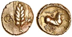 Celtic Coins Celtic, Catuvellauni, Cunobelin (early 1st century BC to c.40 AD), gold Stater, 5.41g, Wild type, corn ear dividing ca-mv, rev. horse right, branch and star above, ring pellet, cvno in lo