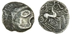Celtic Tokens Iceni, uninscribed coinage (c. 50-15BC), silver Unit, 1.10g, male head with large oval eye right, rev. horse right, pellet and annulet ornaments around, wheel above (VA 665-3; ABC 1537; 