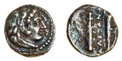 Ancient Coins Kingdom of Macedon, Alexander III, the Great (336-323 BC), AR Hemiobol, 0.31g, Babylon (?), head of young Herakles right, wearing lion's skin headdress, rev. AEAN[POY] between club and q