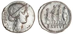 Ancient Coins M. Iunius Brutus (54 BC), AR Denaius, head of Libertas right, rev. L. Iunius Brutus (Cos 509) walking left, between two lictors and preceded by an accensus, BRVTVS in exergue (RRC 433/1;