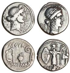 Ancient Coins Julius Caesar, AR Denarius, travelling military mint, 48-47 BC, diademed female head right, wearing oak-wreath, behind LII (hi age, 52), rev. CAESAR, trophy of Gallic arms, axe surmounte