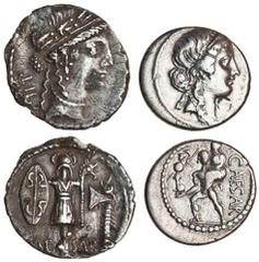 Ancient Coins Julius Caesar, AR Denarius, travelling military mint, 48-47 BC, diademed female head right, wearing oak-wreath, behind LII (hi age, 52), rev. CAESAR, trophy of Gallic arms, axe surmounte