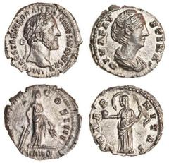 Ancient Coins Antoninus Pius (AD 138-161), AR Denarius, 150-151, laureate head right, rev. TR POT XIIII COS IIII, Tranquillitas standing right, holding rudder and corn-ears, TRANQ in exergue (RIC 202;