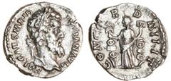 Ancient Coins Didius Julianus (28th Mar-1/2 Jun AD 193), AR Denarius, laureate head right, rev. CONCORD MILIT, Concordia Militum standing left, holding two standards (RIC 1; BMC 2; RSC 2), rare, very 