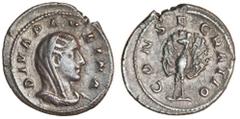 Ancient Coins Diva Paulina, wife of Maximinus, AR Denarius, 235-236, veiled and draped bust right, rev. CONSECRATIO, peacock standing facing, tail in splendour (RIC 1; RSC 1), toned, very fine and rar
