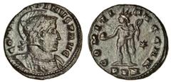 Ancient Coins Constantine the Great (AD 307-337), AE Nummus (21.8 x 21.7 mm 4.12 g 6h), London mint, CONSTANTINVS P AVG, laureate, helmeted, cuirassed bust of Constantine right, rev. COMITI AVG NN, So