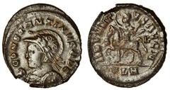 Ancient Coins Constantine the Great (AD 307-337), AE Nummus (20.6 x 21.7 mm 3.19 g 6h), London mint, CONSTANTINVS AVG, laureate, helmeted, cuirassed bust of Constantine right, spear over right shoulde