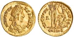 Ancient Coins Honorius (AD 393-423), AV Solidus, 4.38g, Rome, 407-408, pearl-diademed, draped and cuirassed bust right, rev. VICTORI-A AVGGG, emperor standing right, holding standard and Victory on gl