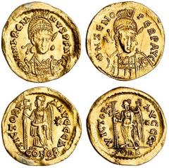 Ancient Coins Marcian (AD 450-457), AV Solidus, 4.41g, Constantinople, cuirassed facing bust, wearing diademed helmet and holding spear and shield, rev. VICTORI-A AVGGG, Victory standing left, holding