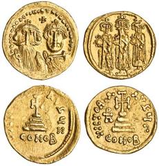 Ancient Coins Heraclius (AD 610-641), AV Solidus, 4.41g, Constantinople, crowned and draped busts of Heraclius, with long beard, and Heraclius Constantine facing, cross above, rev. VICTORIA AVGUZ, cro
