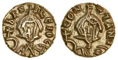 Ancient Coins Basil I (AD 867-886), Electrum Semissis, 1.50g, Syracuse, crowned facing bust, wearing chlamys and holding cross on globe, rev. CONSTANT, similar bust of Constantine (Sear 1714; DOC 16),